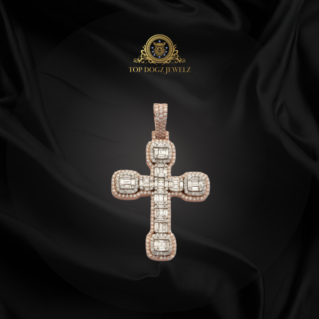 14k Rose and White Gold 3.0CTW Baguette Diamond Cross with Square Pendant