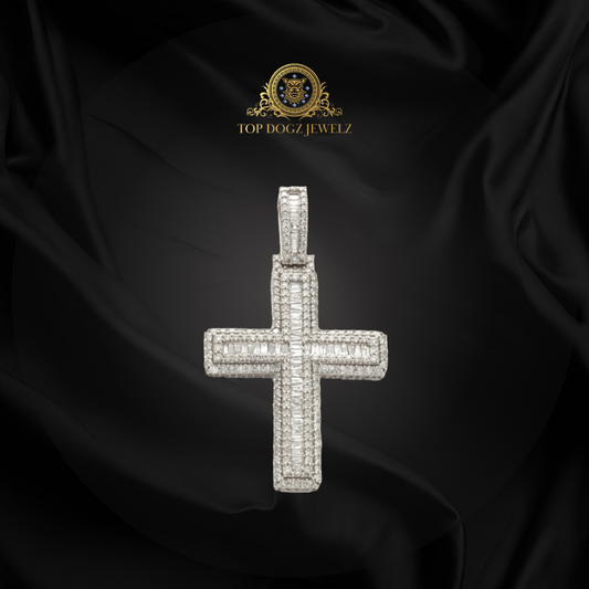 14k White Gold 4.50CTW Baguette Diamond Cross Pendant