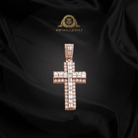 14k Rose and White Gold 3.25CTW Baguette Diamond Cross Pendant