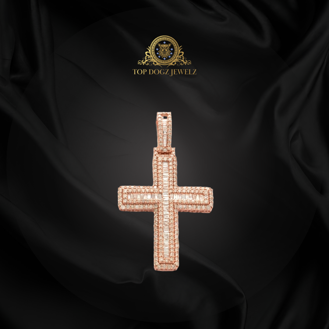 14k Rose Gold 4.50CTW Baguette Diamond Cross Pendant